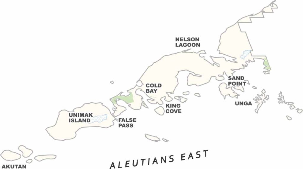 Aleutians East Borough map showing towns, roads, borough boundaries, and geographic features in Alaska.