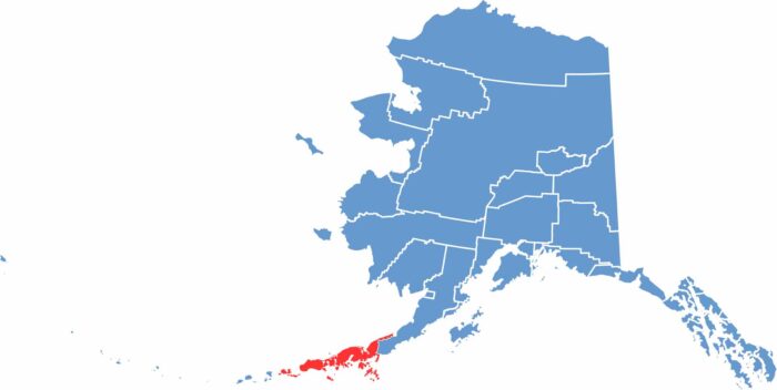 Aleutians East location map showing the geographic position of Aleutians East Borough in Alaska.