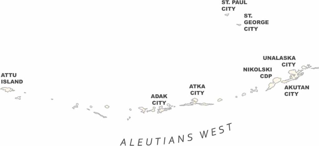 Aleutians West Census Area map showing towns, roads, census area boundaries, and geographic features in Alaska.