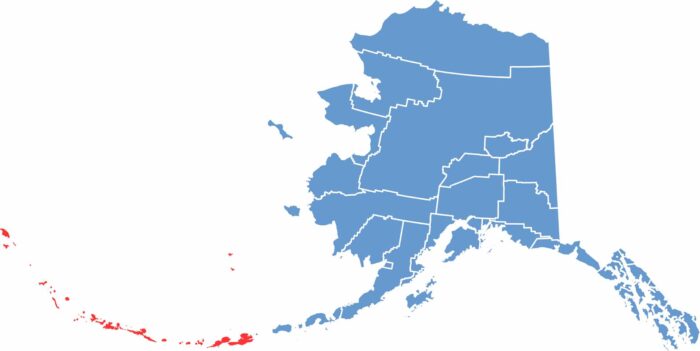 Aleutians West location map showing the geographic position of Aleutians West Census Area in Alaska.