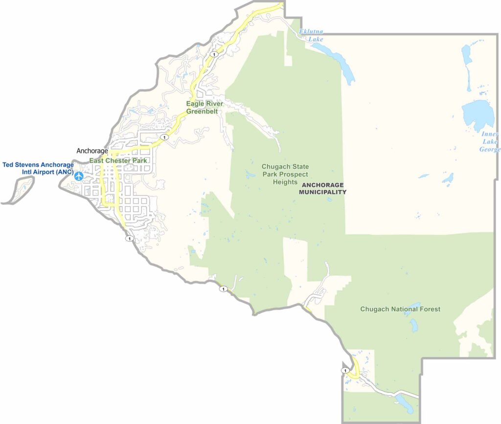 Anchorage Municipality map showing cities, roads, boundaries, and geographic features in Alaska.