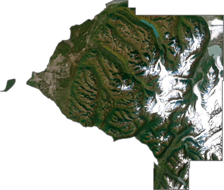 Anchorage Municipality satellite map showing aerial views, land features, and geographic details in Alaska.