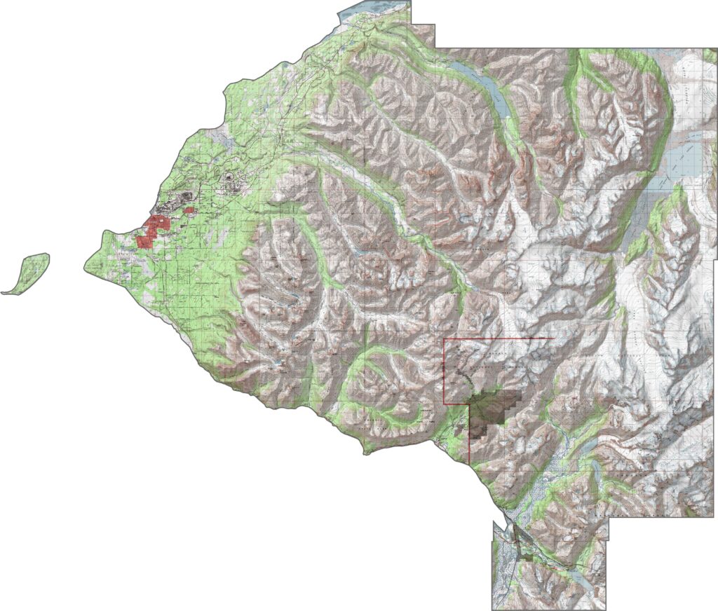 Anchorage Municipality topographic map showing terrain, elevation, roads, and geographic features in Alaska.