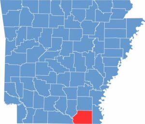 Location map showing Ashley County in southeastern Arkansas.
