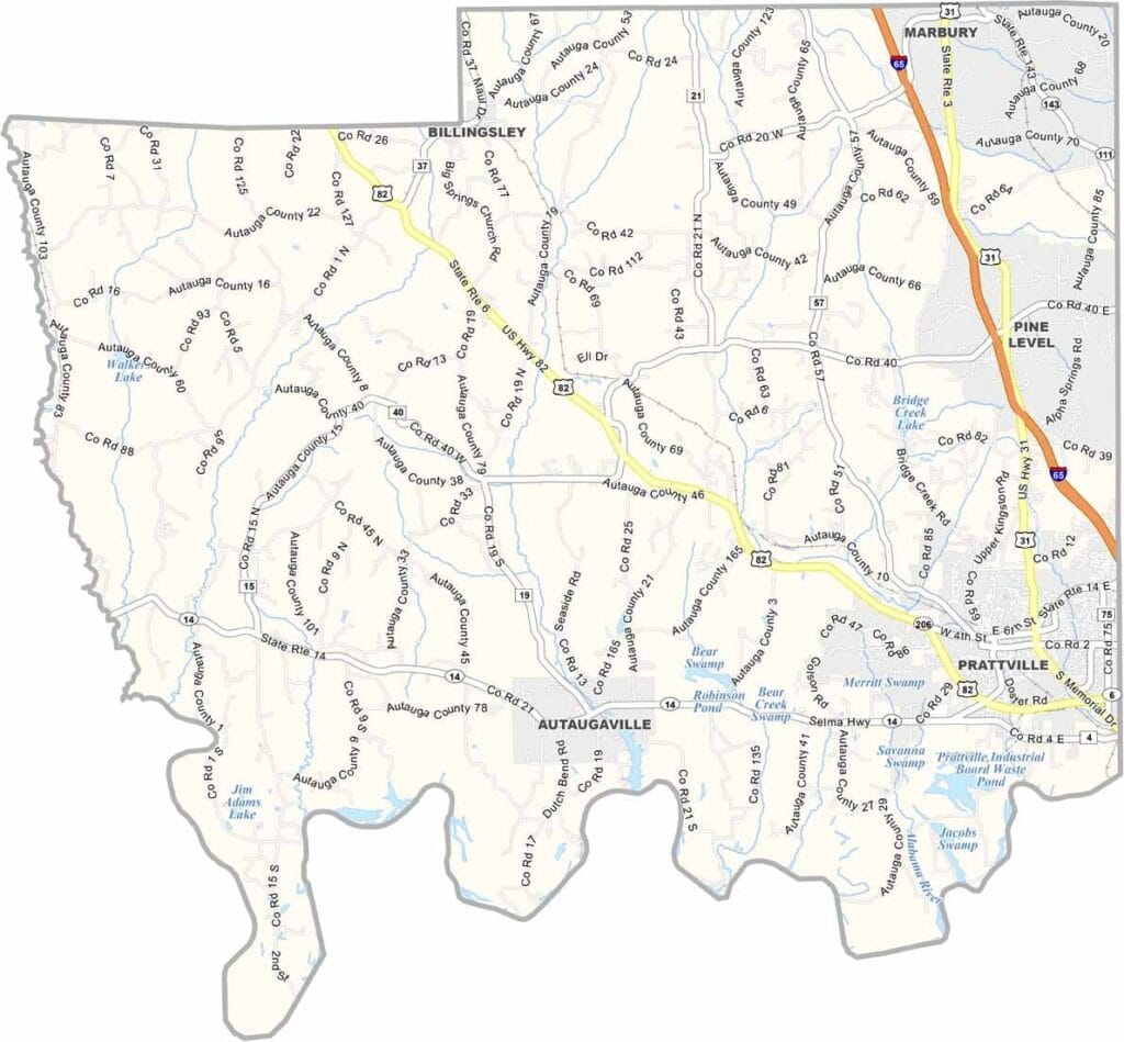 Blank Autauga County map with county outline for geography practice