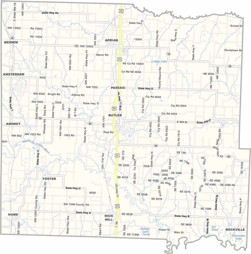 Bates County map showing towns and major roads in Missouri.