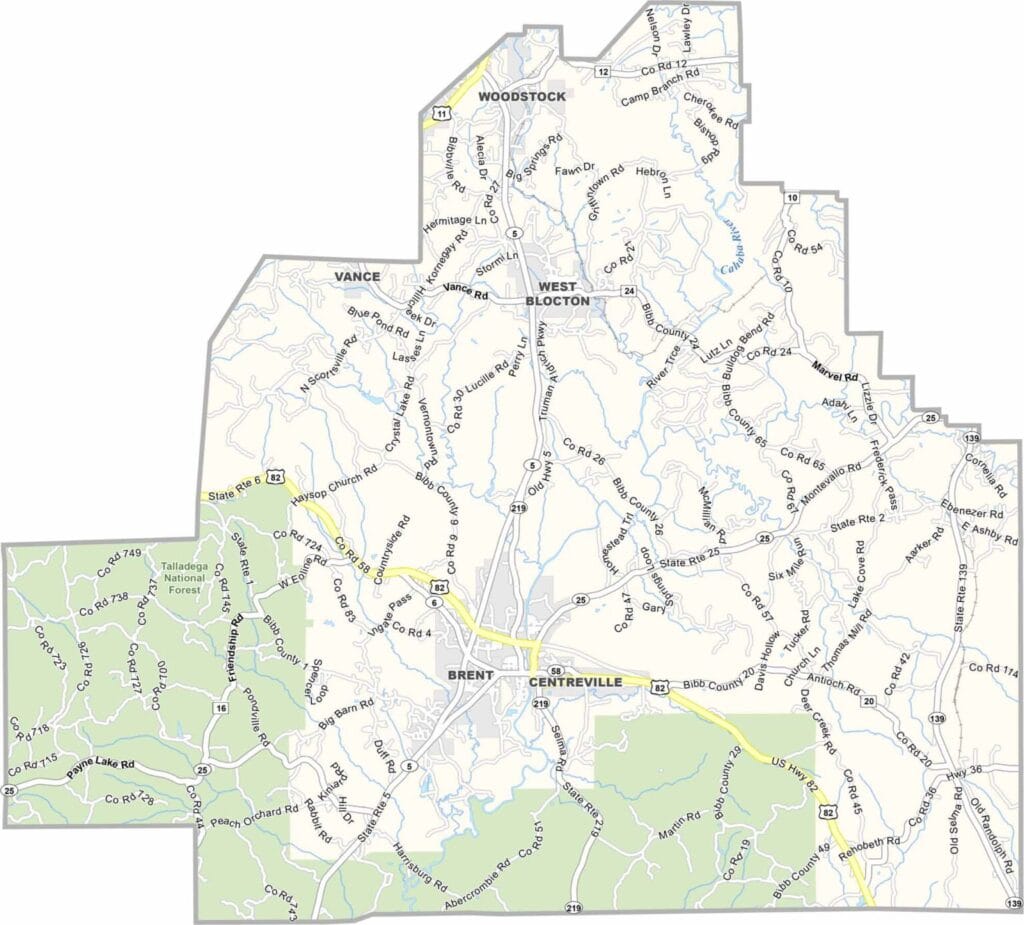 Detailed map of Bibb County Alabama showing roads, towns, and geographic features