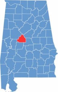 Location map of Bibb County Alabama highlighted within the state of Alabama