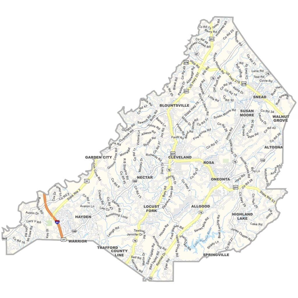 Detailed Blount County Alabama map showing roads, towns, and geographic layout