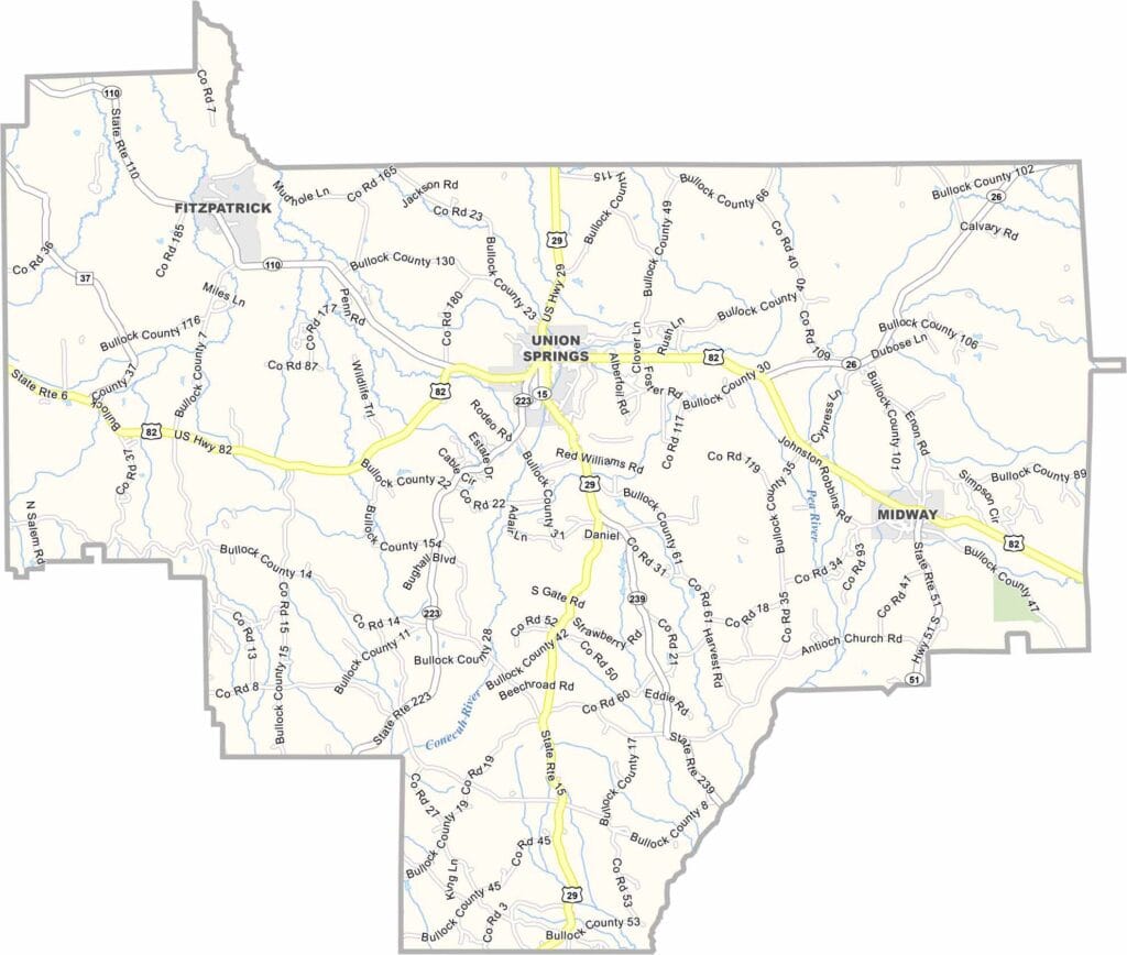 Detailed Bullock County Alabama map showing roads, towns, and geographic features