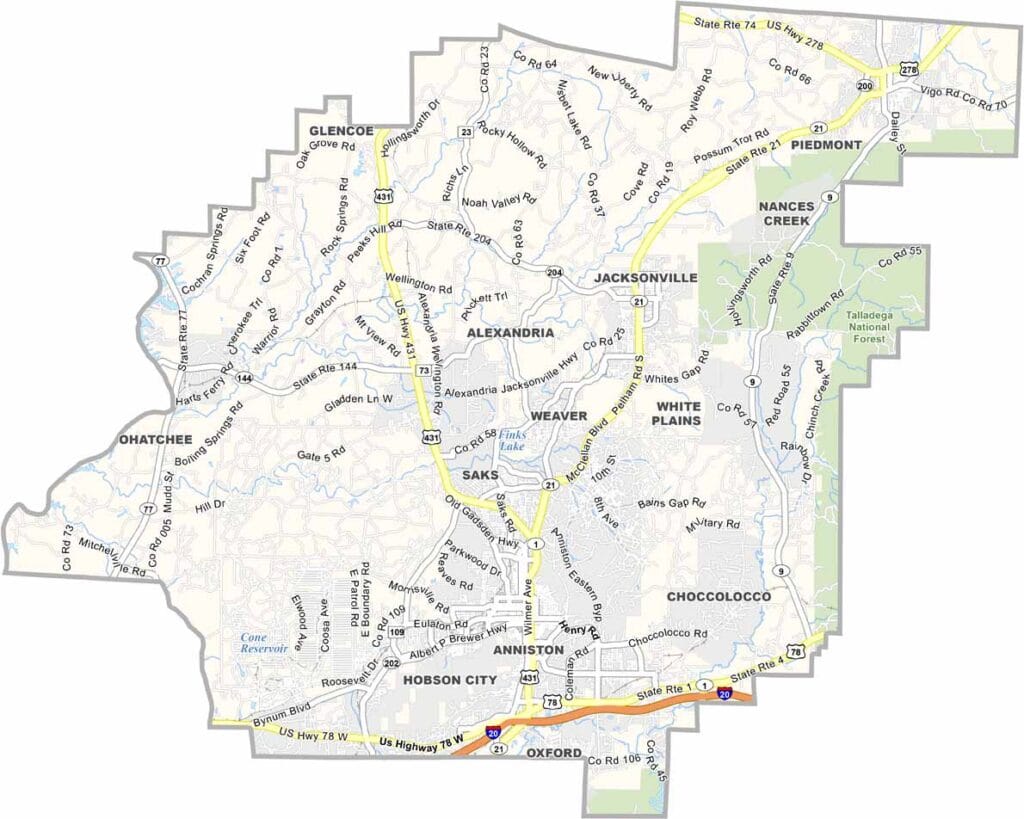 Detailed Calhoun County Alabama map showing roads, cities, and geographic features