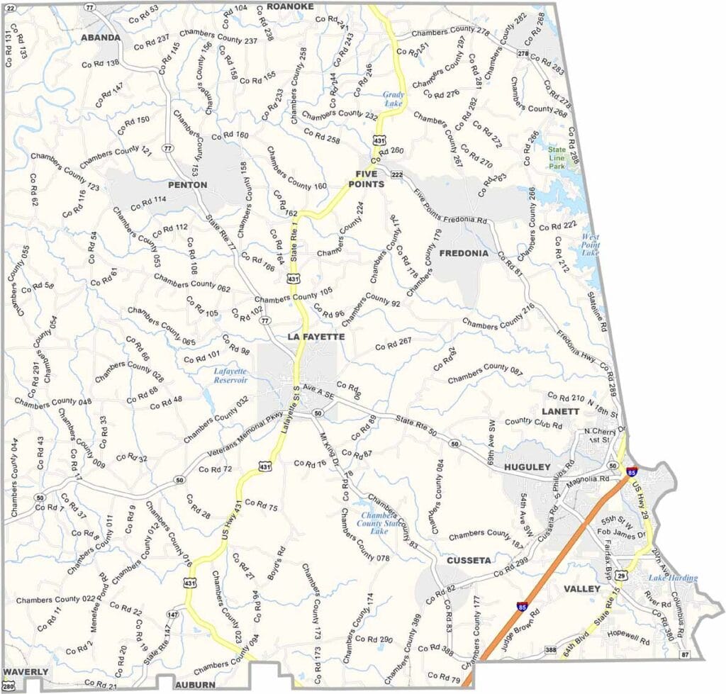 Detailed Chambers County Alabama map showing roads, cities, and geographic features
