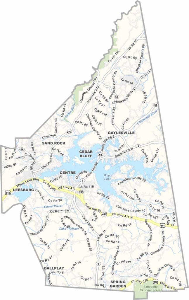 Detailed Cherokee County Alabama map showing roads, cities, and geographic features