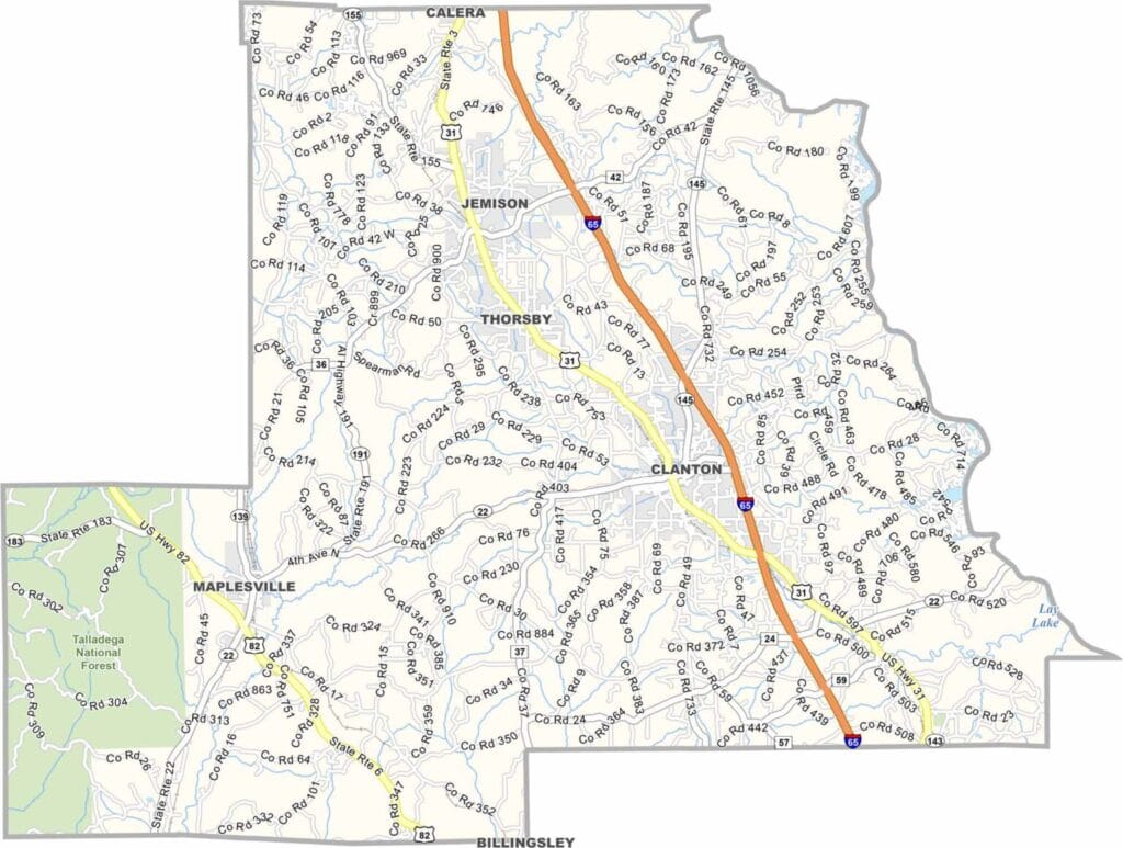 Chilton County map showing boundaries and locations in Alabama.
