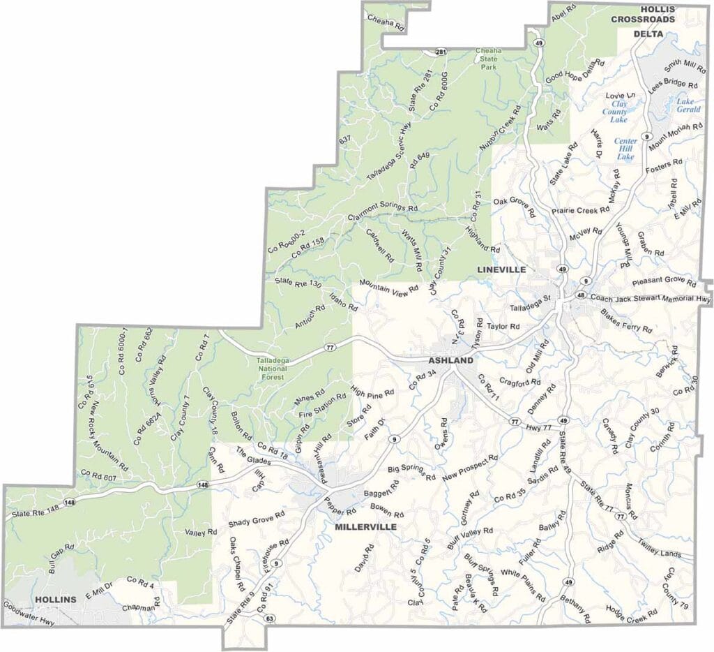 Clay County maps showing boundaries and locations in Alabama.