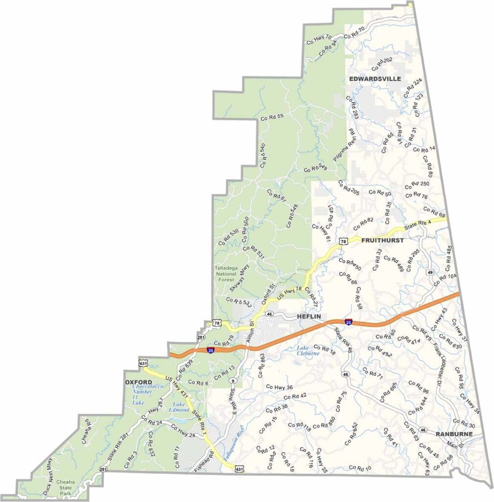 Cleburne County maps showing boundaries and locations in Alabama.