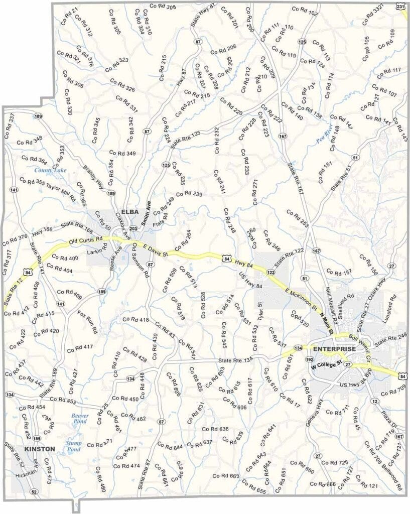 Coffee County map showing boundaries and locations in Alabama.