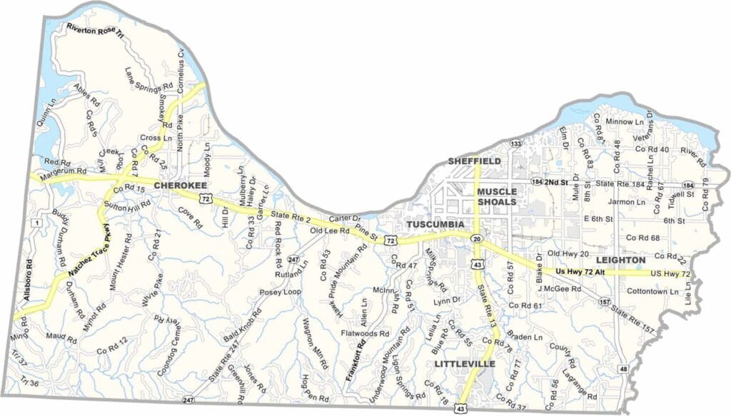 Colbert County map showing boundaries and locations in Alabama.