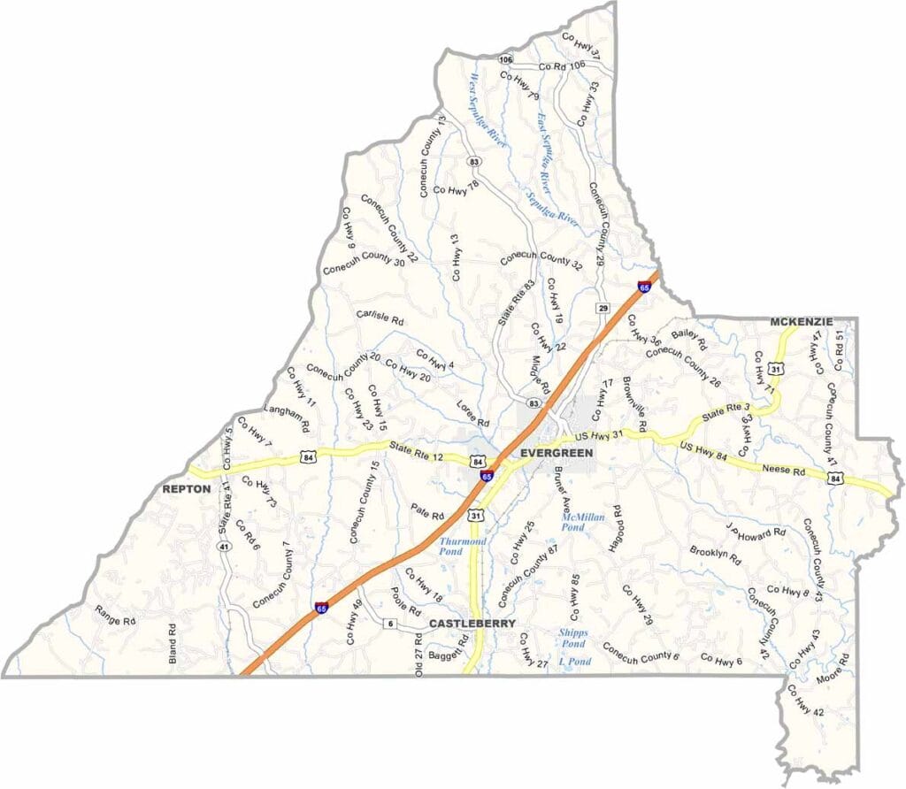 Conecuh County map showing boundaries and locations in Alabama.