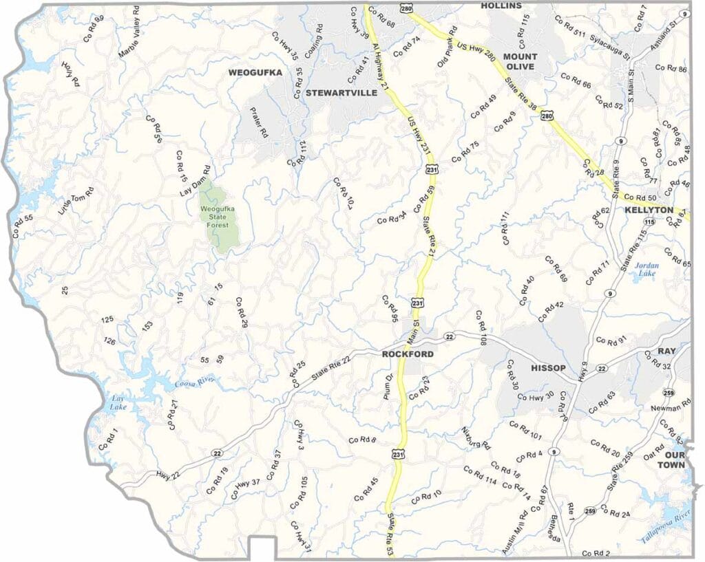 Coosa County maps showing boundaries and locations in Alabama.
