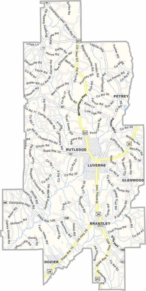 Crenshaw County map showing boundaries and locations in Alabama.