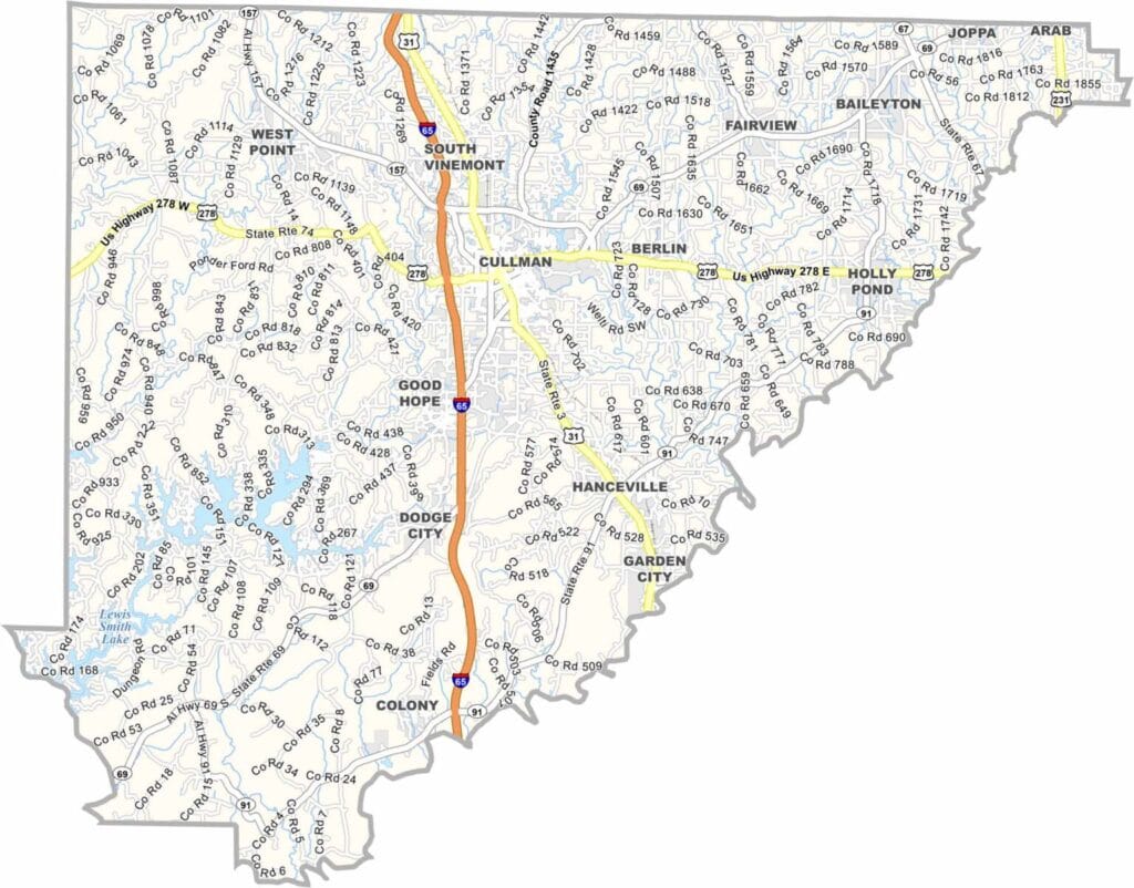 Cullman County maps showing boundaries and locations in Alabama.