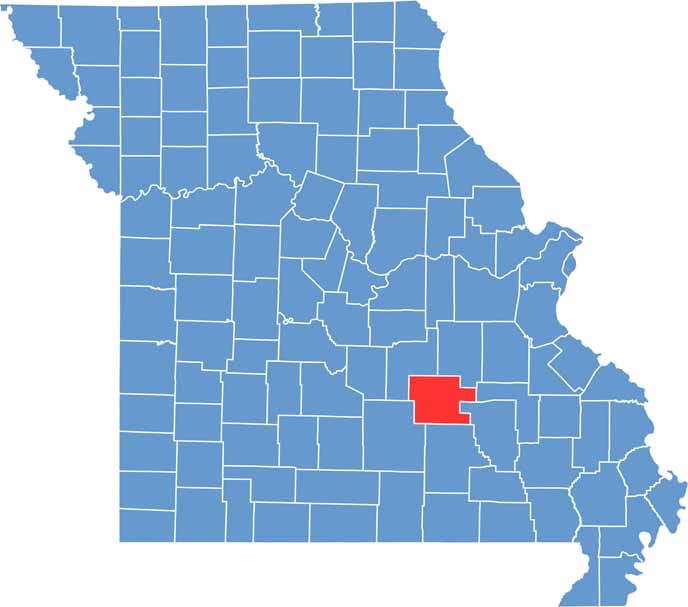 Dent County location map showing the county's position within Missouri.