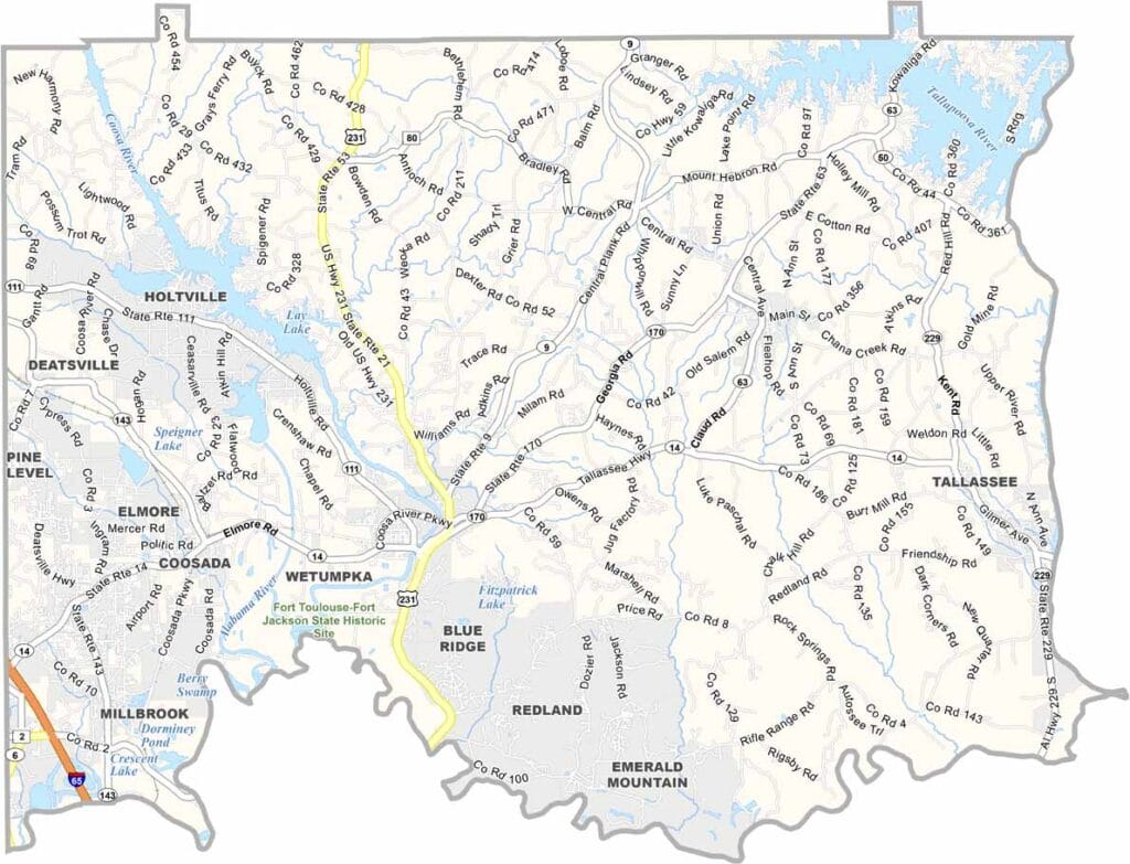 Elmore County maps showing boundaries and locations in Alabama.