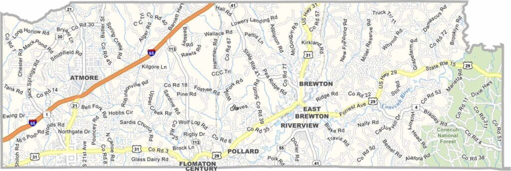 Escambia County map showing boundaries and locations in Alabama.