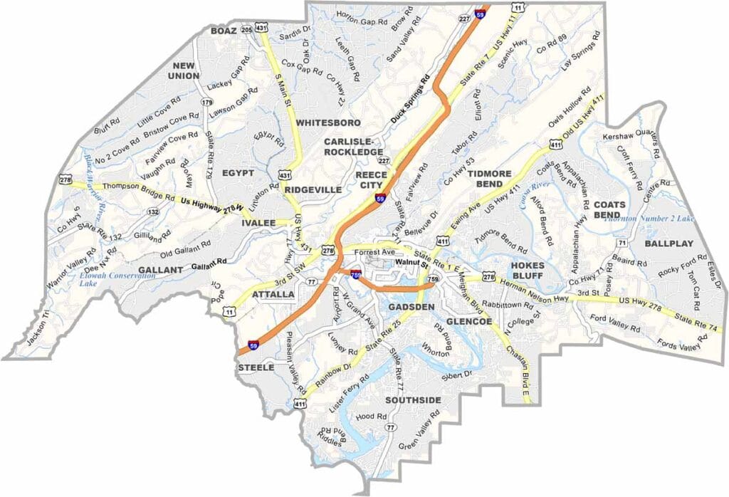 Etowah County maps showing boundaries and locations in Alabama.