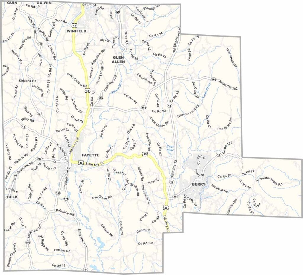 Fayette County maps showing boundaries and locations in Alabama.