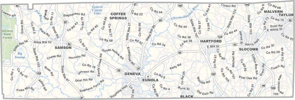 Geneva County map showing boundaries and locations in Alabama.