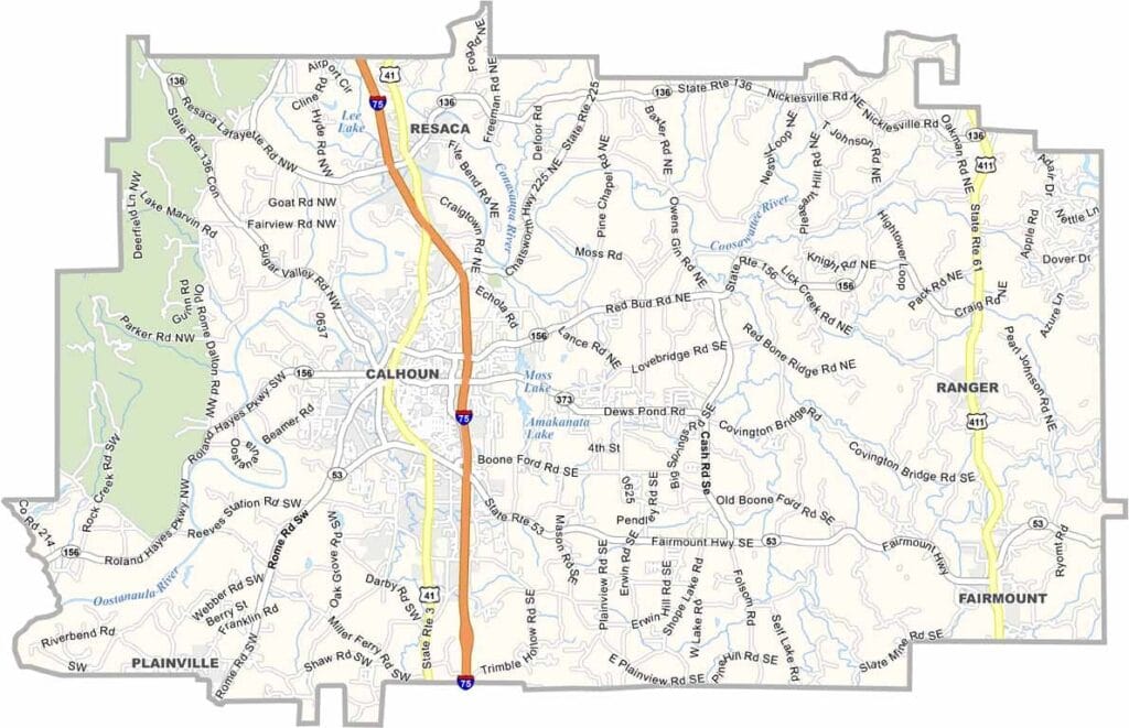 Gordon County map showing towns, roads, and county boundaries in Georgia.