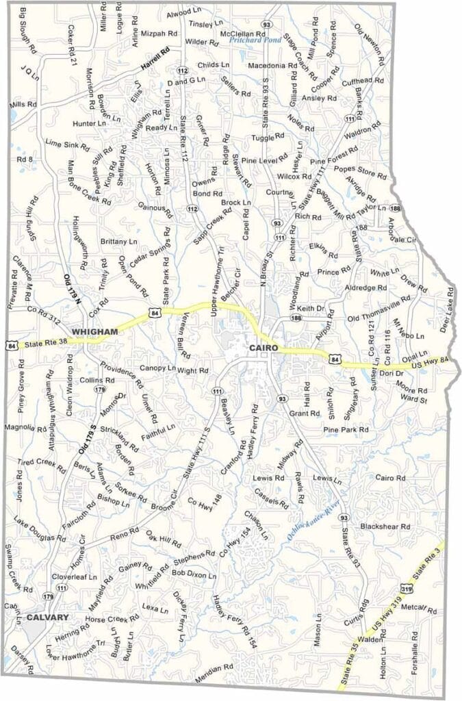 Grady County map showing towns, roads, and county boundaries in Georgia.