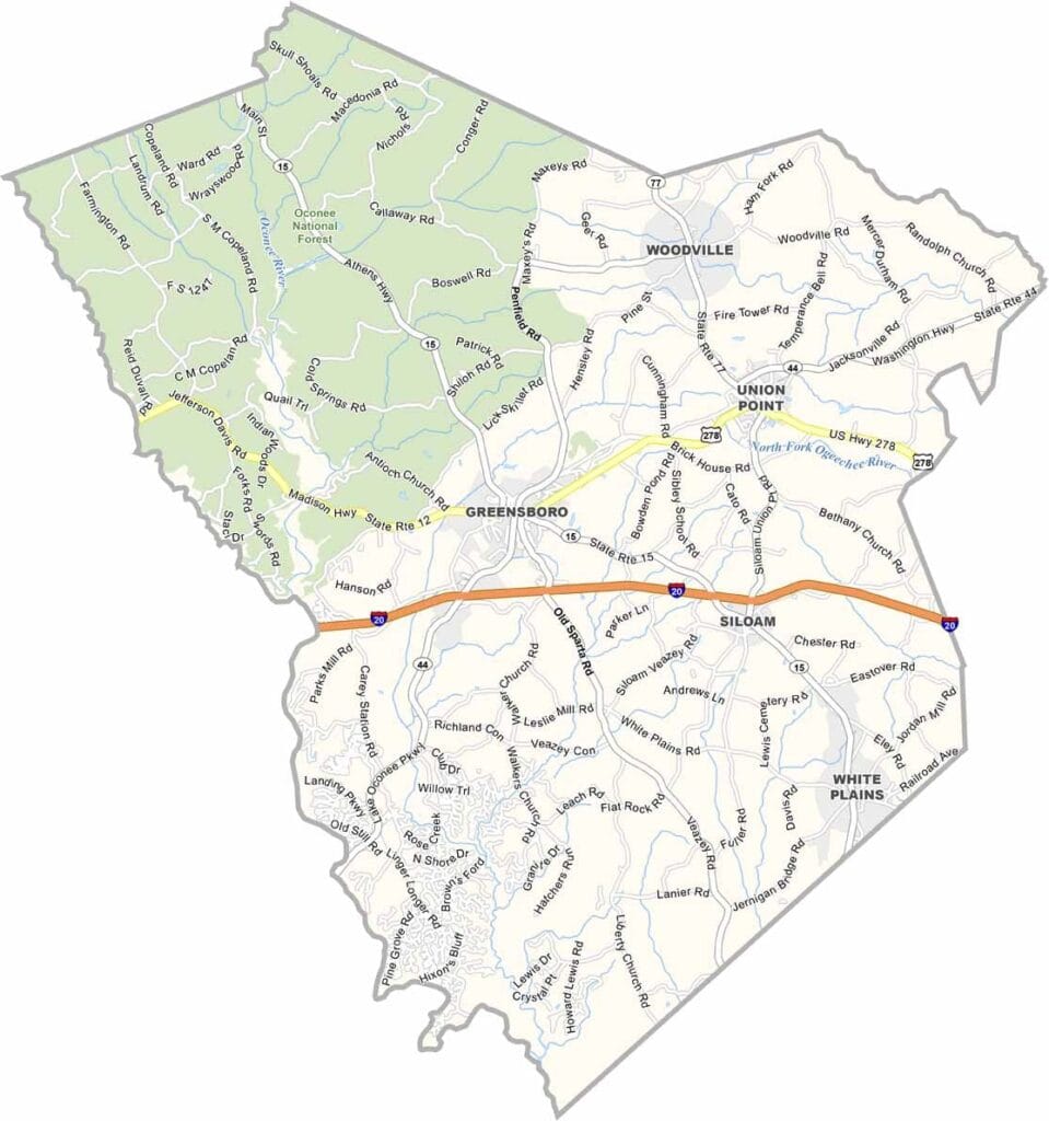 Greene County map showing towns and roads in Georgia.