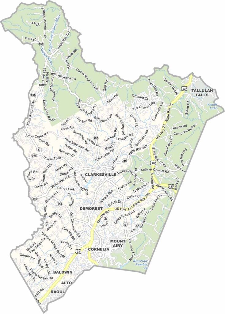 Habersham County map showing towns and roads in Georgia.