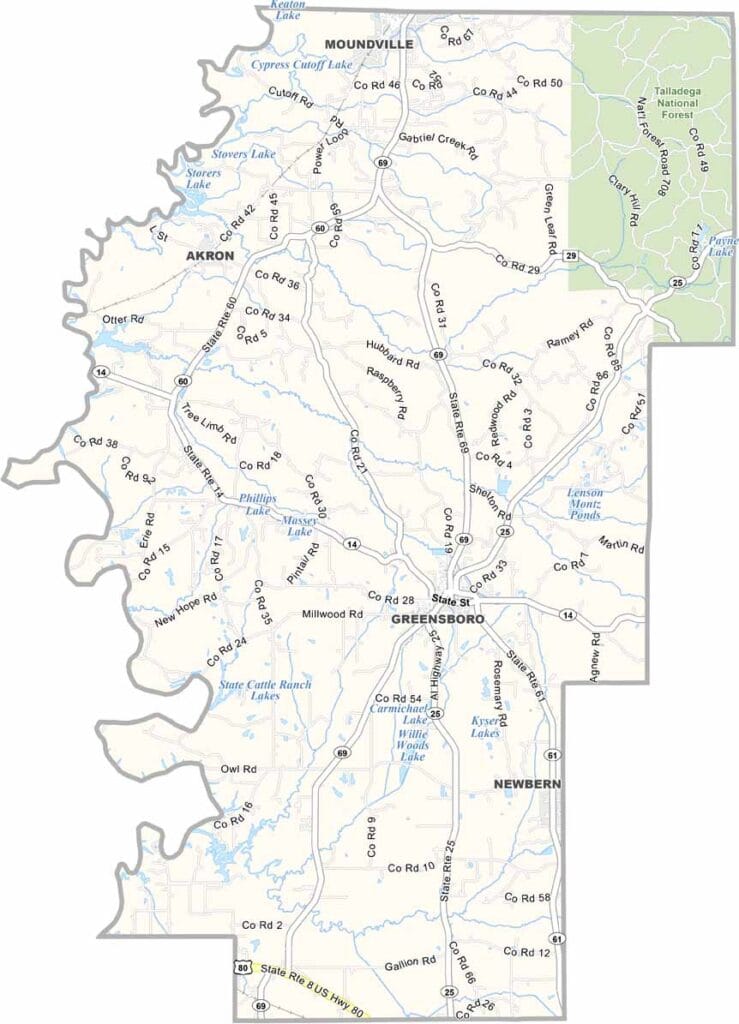 Hale County maps showing boundaries and locations in Alabama.