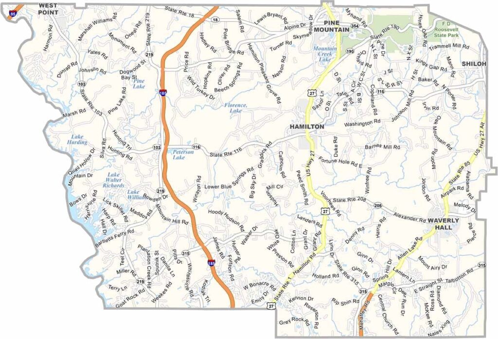 Harris County map showing towns and roads in Georgia.