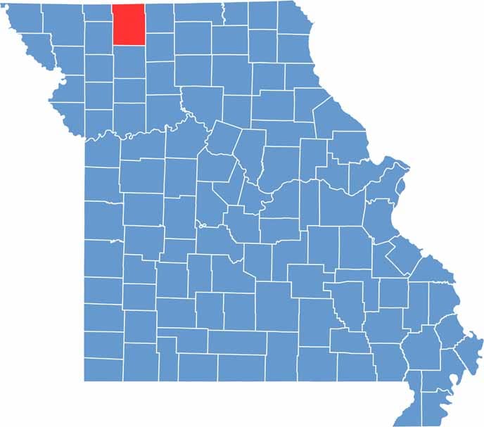 Printable Harrison County Missouri location map showing county location and boundaries