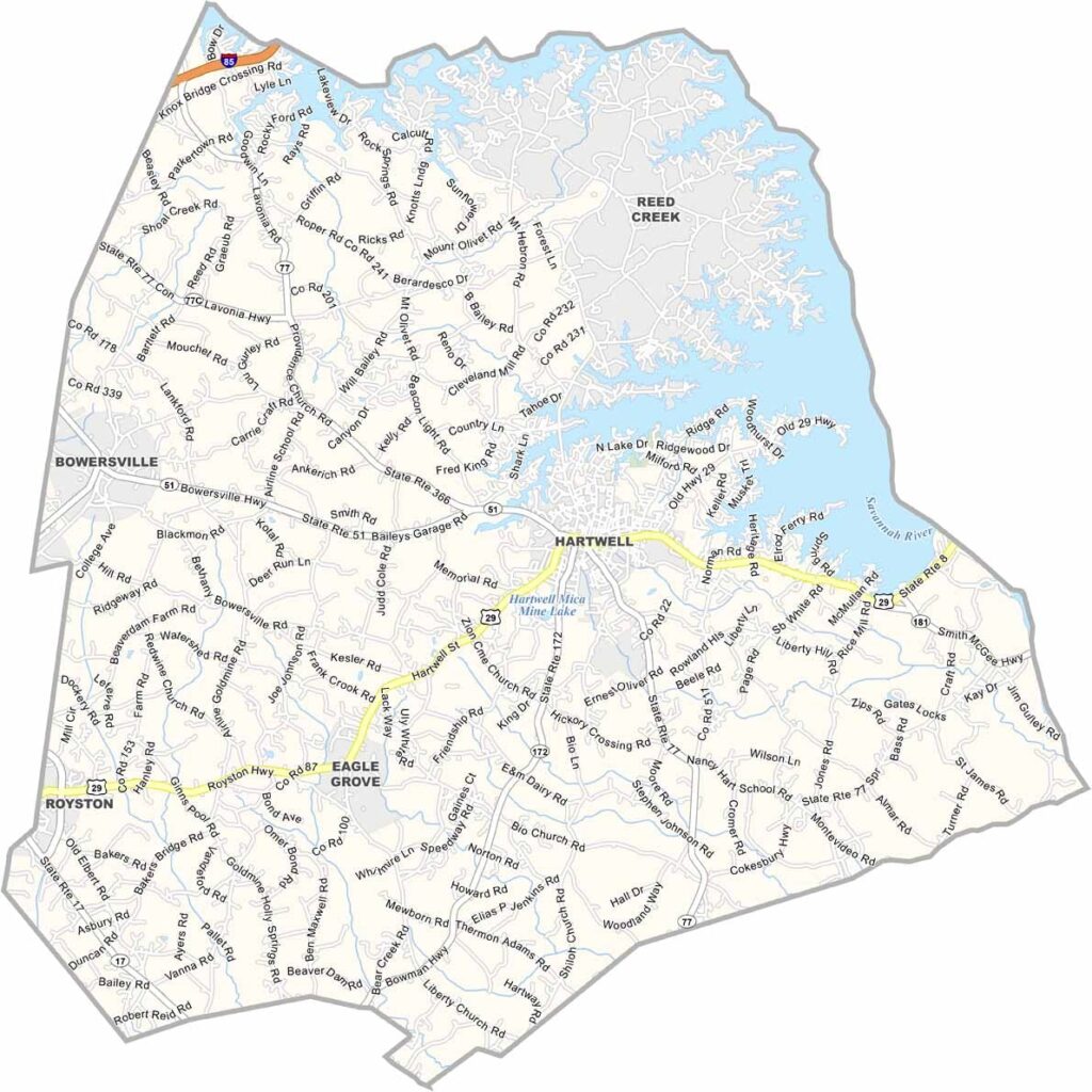Hart County map showing towns and roads in Georgia.