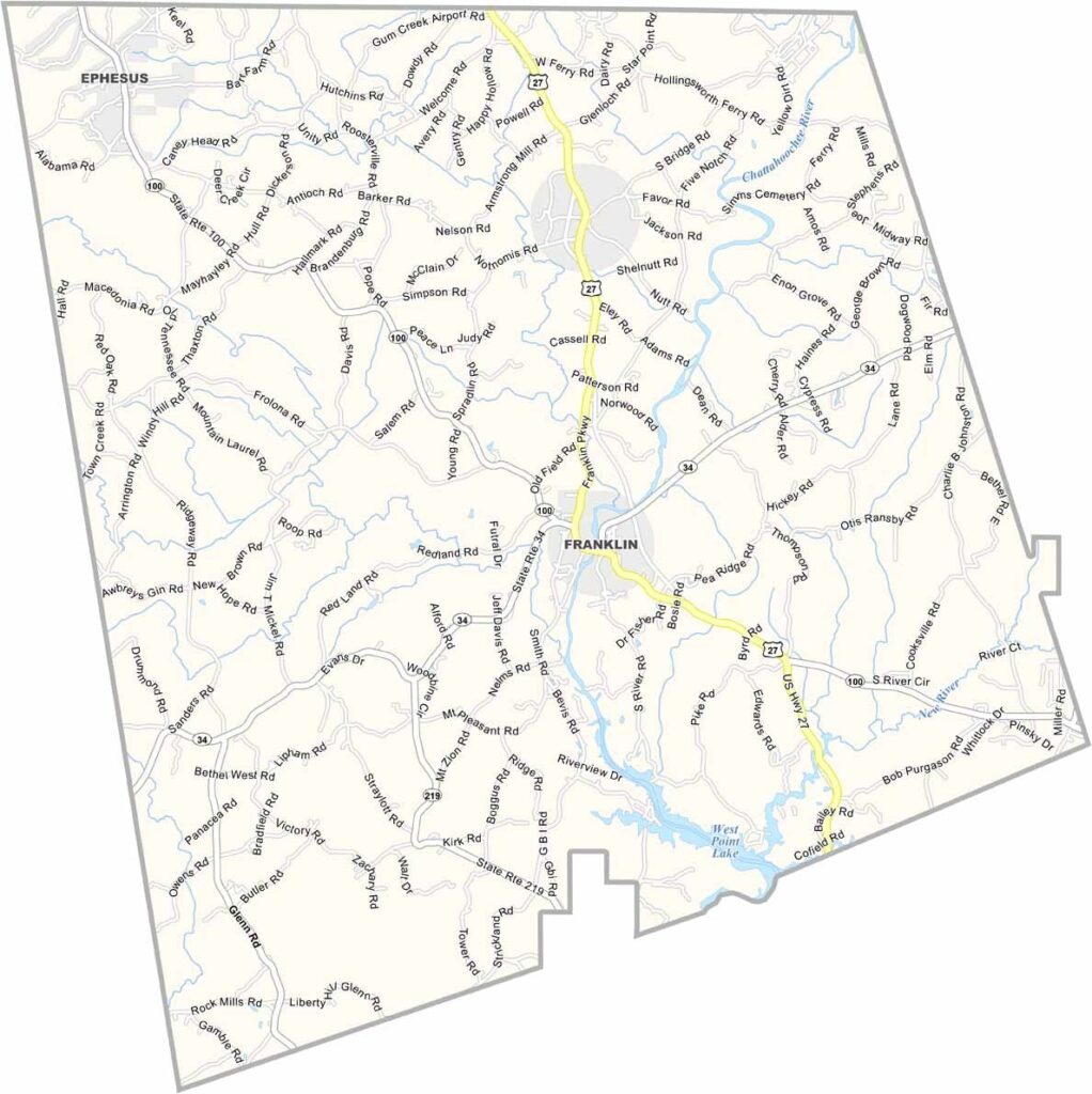 Heard County map showing towns and roads in Georgia.