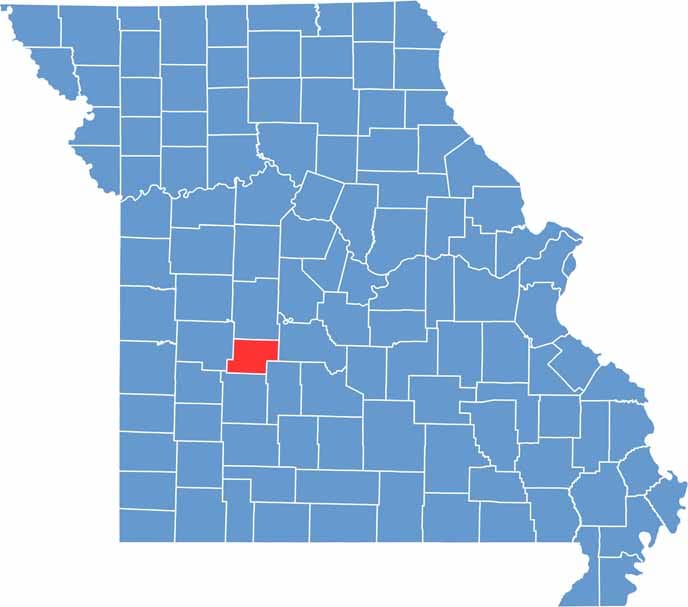 Printable Hickory County Missouri location map showing county location and boundaries