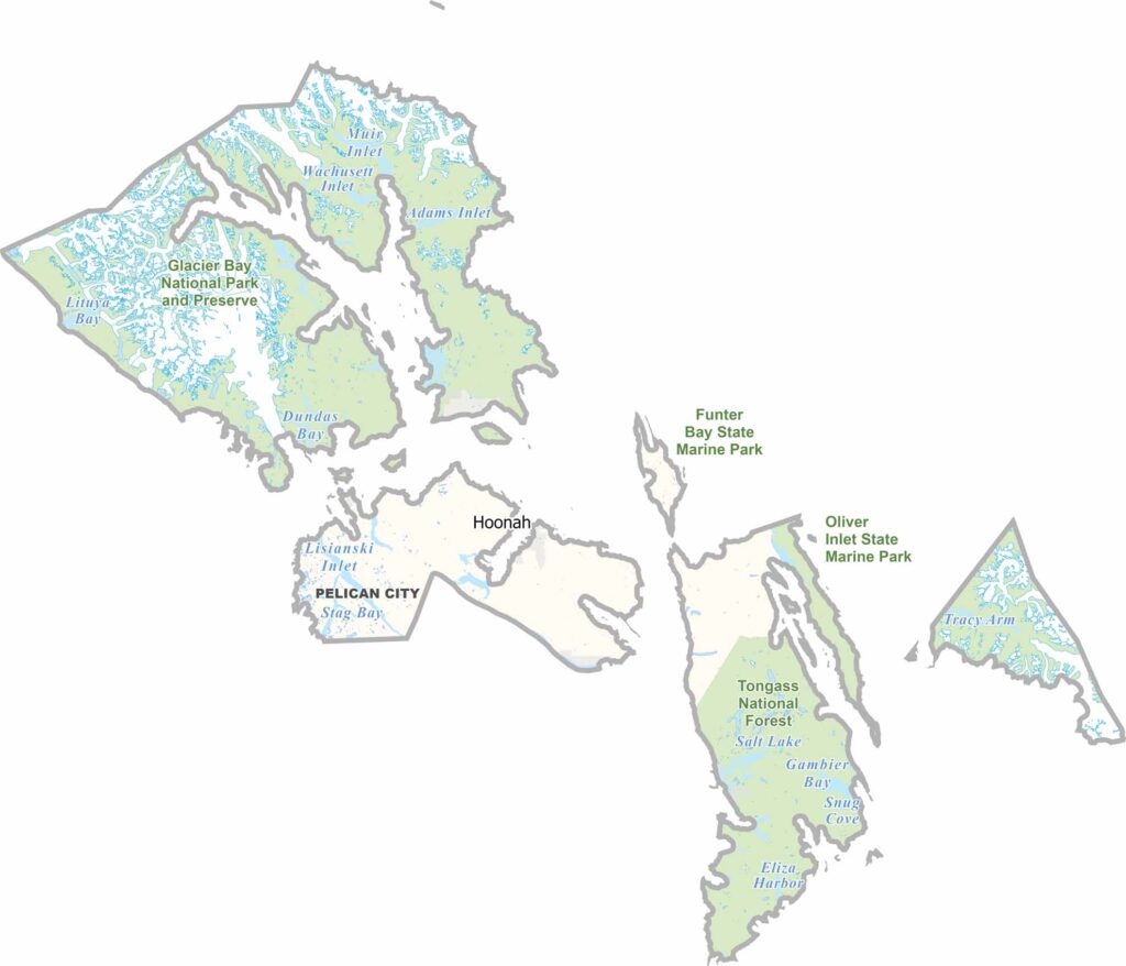 Map of Hoonah-Angoon Census Area in southeastern Alaska, showing its boundaries, islands, waterways, and surrounding region.