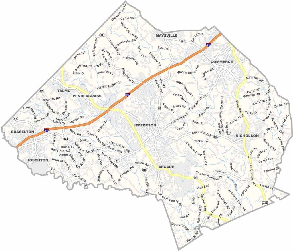 Jackson County map showing towns and roads in Georgia.