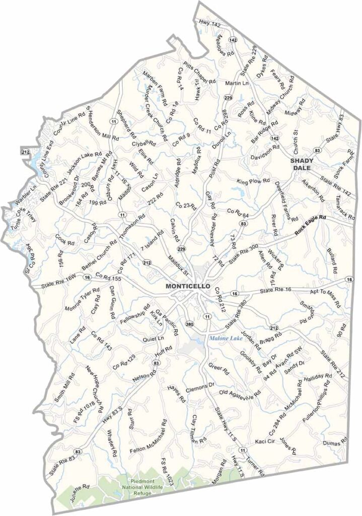 Jasper County map showing towns and roads in Georgia.