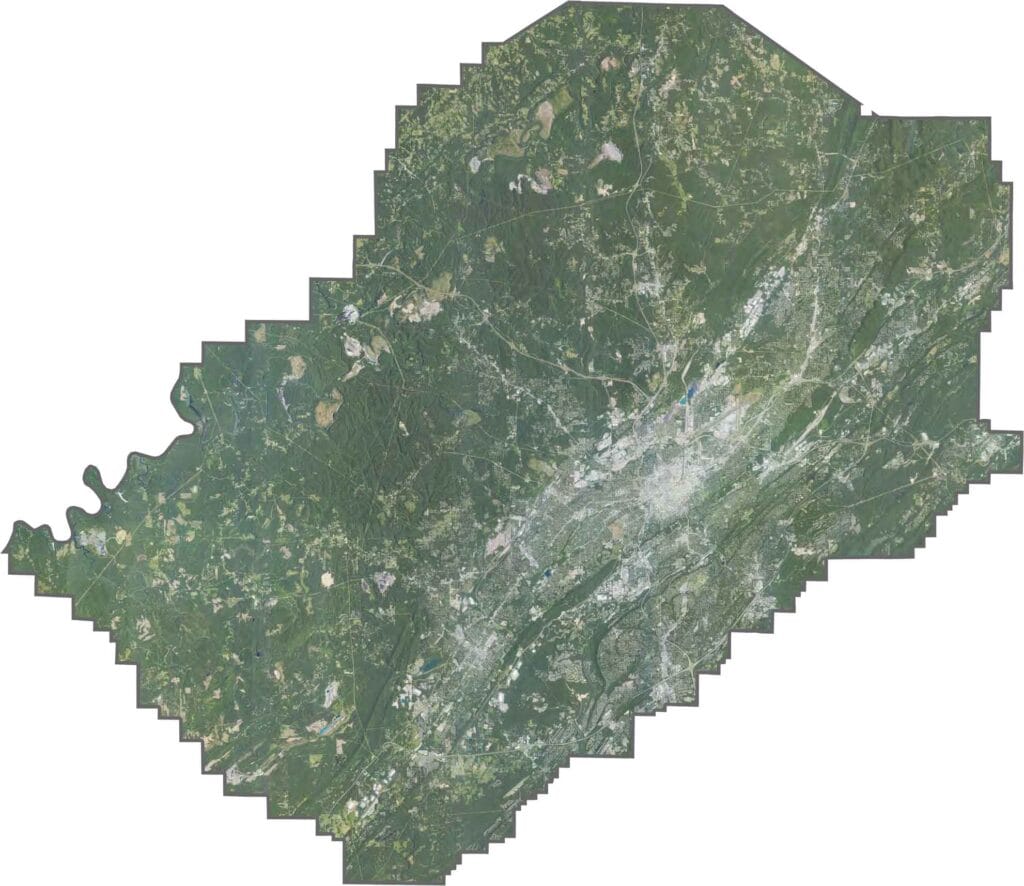 Jefferson County satellite map showing land features and roads in Alabama.