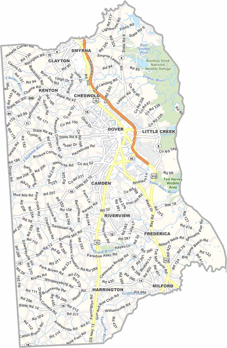 Detailed map of Kent County in Delaware showing major roads, cities, towns, and geographic features.
