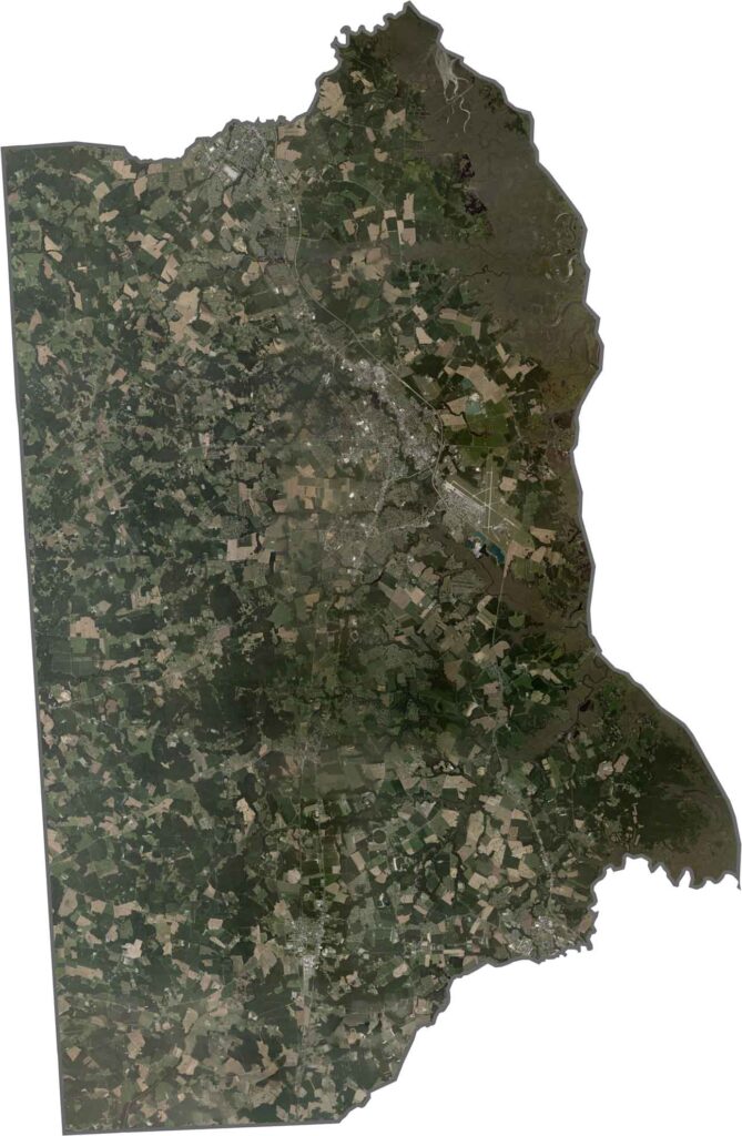 Satellite map of Kent County, Delaware, showing land cover, roads, waterways, and surrounding landscapes.