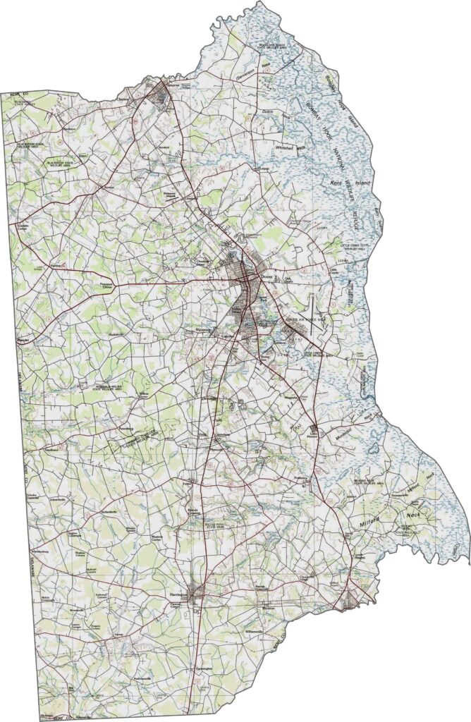 Topographic map of Kent County, Delaware, showing elevation contours, terrain, waterways, and natural features.
