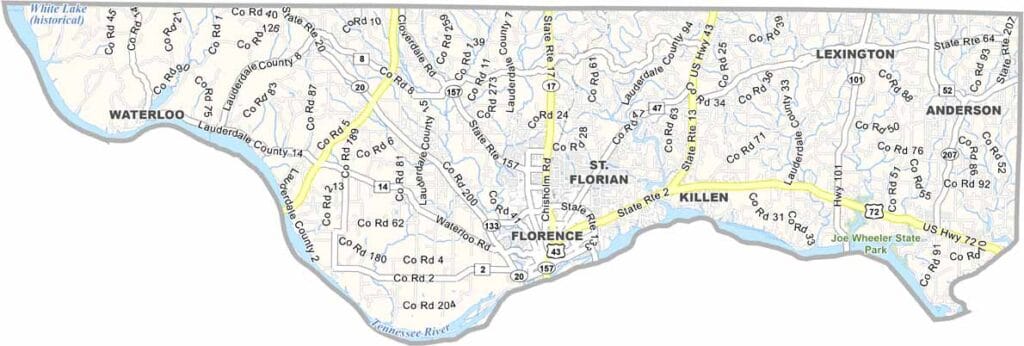 Lauderdale County maps showing boundaries and locations in Alabama.